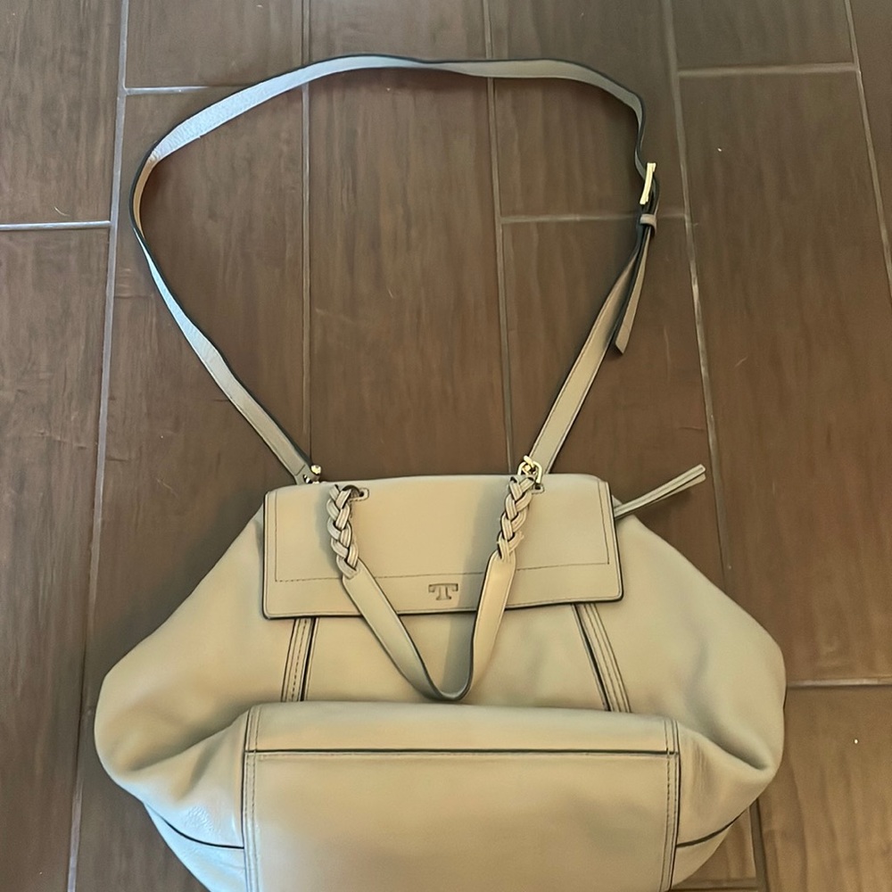Tory Burch handbag with detachable crossbody strap. Tan with a grayish tint.